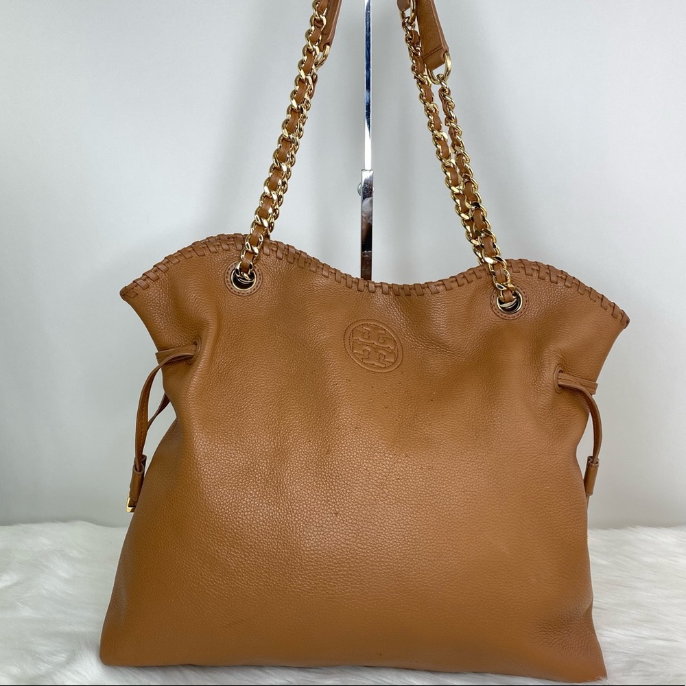 Tory Burch Bombé Slouchy Camel Leather Tote Bag